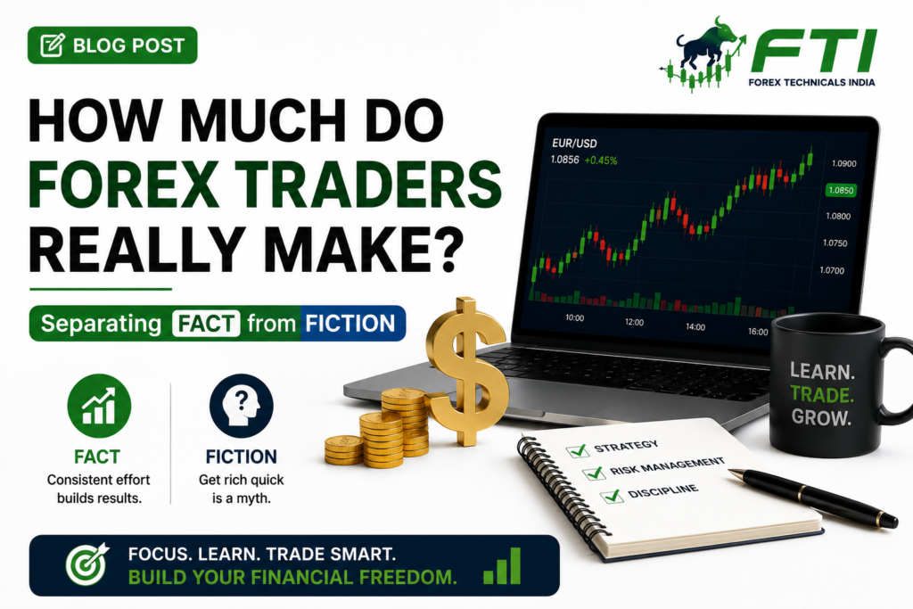 How much do Forex traders really make? A Forex trading illustration showing the reality of trader earnings, facts vs myths, and trading success.