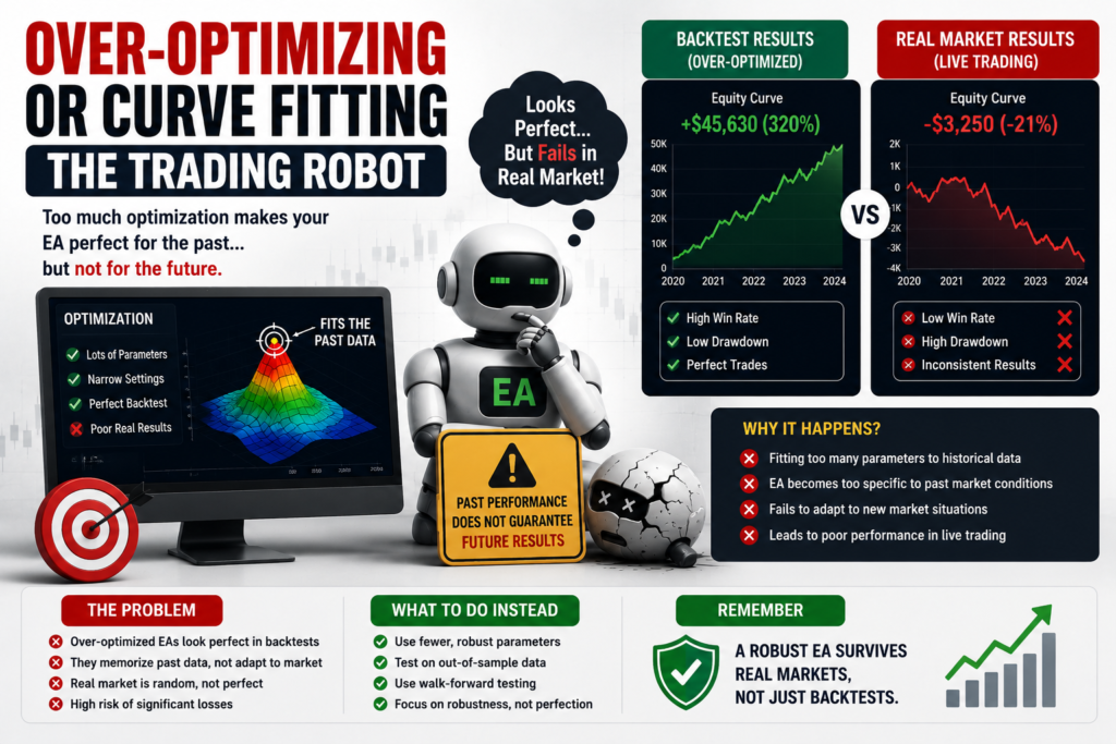 Over-optimizing or curve fitting a Forex trading robot can lead to poor live trading performance despite excellent backtest results.