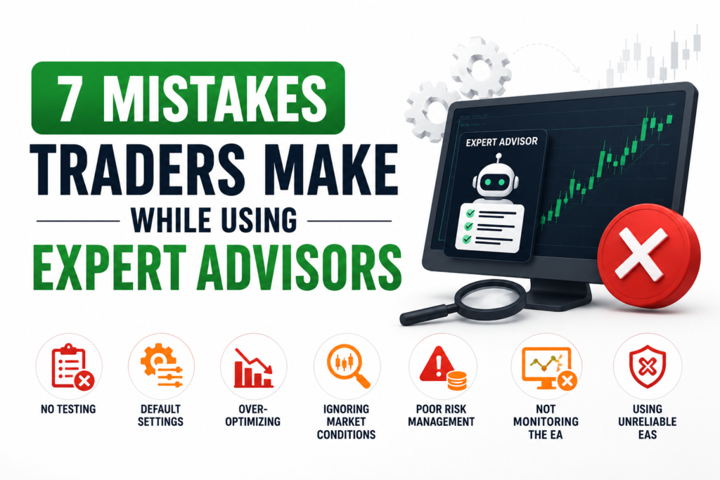 Infographic showing the 7 common mistakes traders make while using Expert Advisors (EA) in Forex trading, including no testing, default settings, poor risk management, and unreliable EAs.