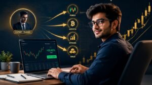 Professional trader using a copy trading platform on a laptop with Forex, Cryptocurrency, Stocks, and Gold markets displayed alongside a profitable trading dashboard.