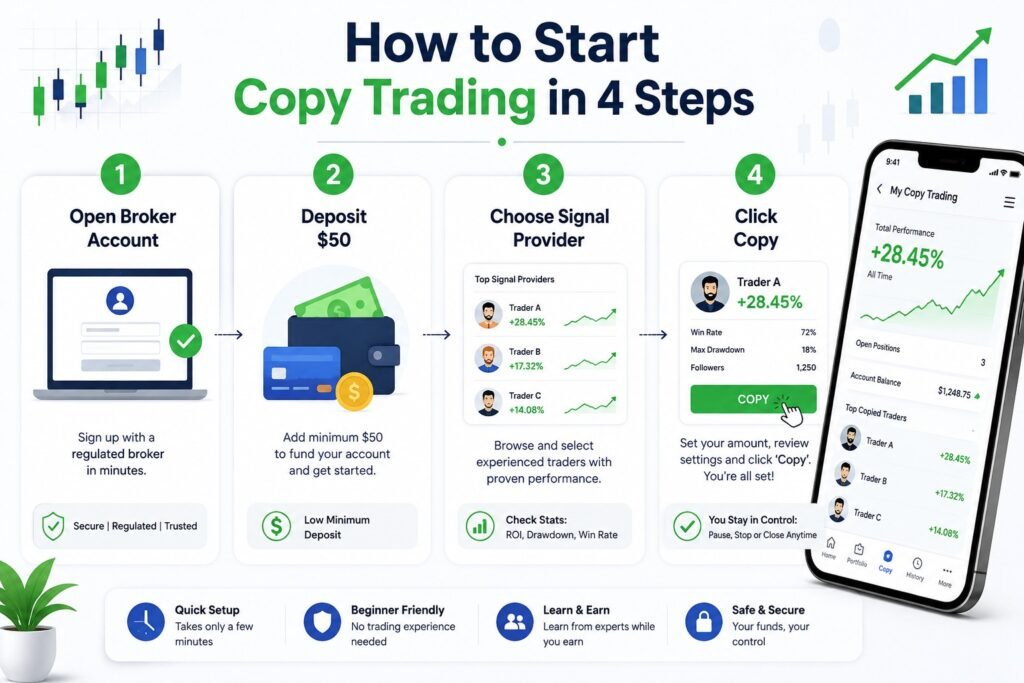 How to Start Copy Trading in 4 Steps – Beginner Guide to Open a Broker Account, Deposit Funds, Choose a Signal Provider, and Start Copy Trading