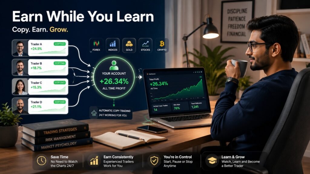 Professional copy trading platform showing expert traders, automated trading, and portfolio growth across Forex, Crypto, Stocks, and Gold.