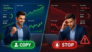 Comparison of a profitable and losing copy trader, showing performance metrics and warning signs for when to stop copy trading.