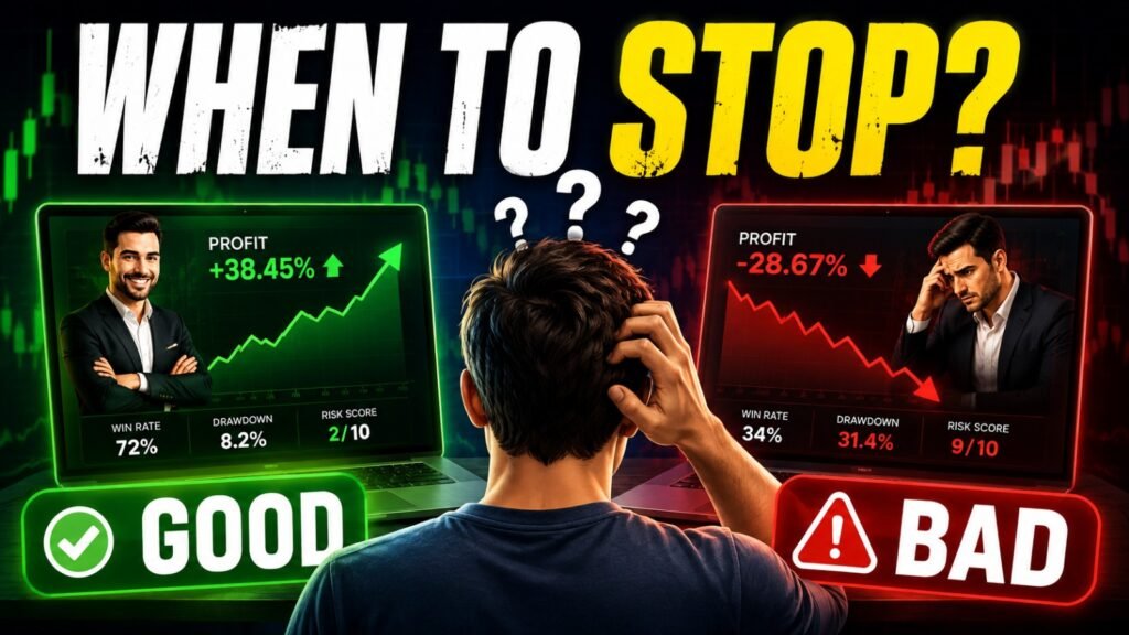 Trader comparing a profitable and losing copy trader with performance metrics, drawdown, win rate, and risk score in Forex copy trading.