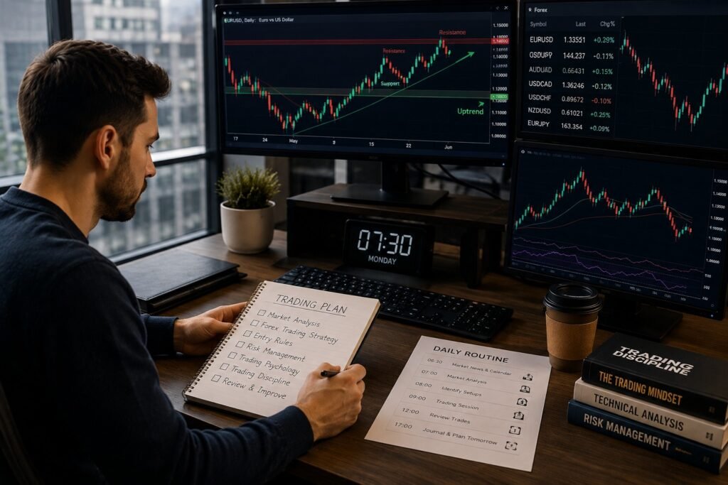 Trader analyzing forex charts while reviewing a trading plan, psychology, and discipline mistakes