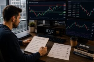 Trader analyzing forex charts while reviewing a trading plan, psychology, and discipline mistakes