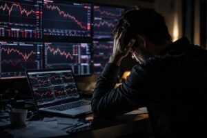 Stressed forex trader analyzing losing trades on multiple trading charts