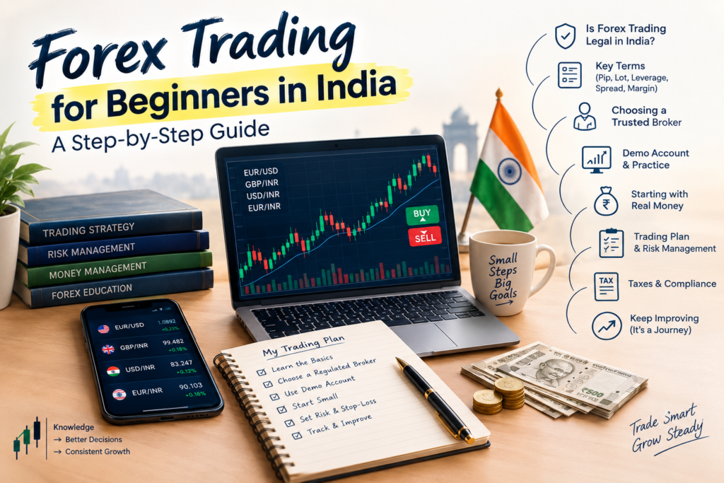 Forex trading for beginners in India with trading chart, laptop, currency pairs, risk management and trading plan