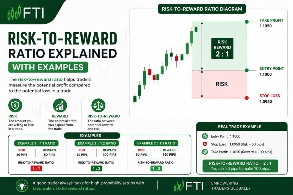 FTI risk-to-reward ratio diagram explaining entry point, stop loss, take profit, and 1:1, 1:2, and 1:3 forex trading examples.